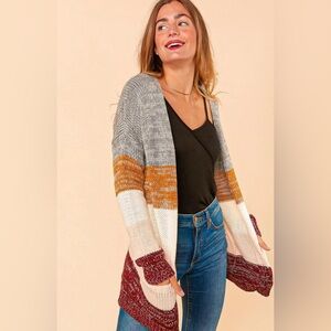 Haptics Bring Back the Warmth Color-Block Knit Sweater in Wine, Caramel & Grey